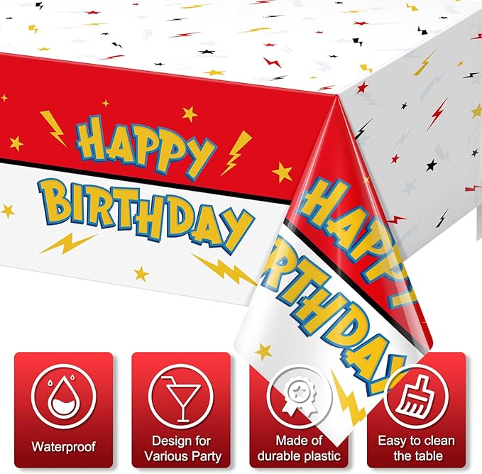 6 Pack Red White Birthday Tablecloth Party Decorations, Lightning Bolts Plastic Table Cloth, Disposable Cartoon Table Cover for Kids Birthday Baby Shower Party Supplies Decorations, 54” x 108”