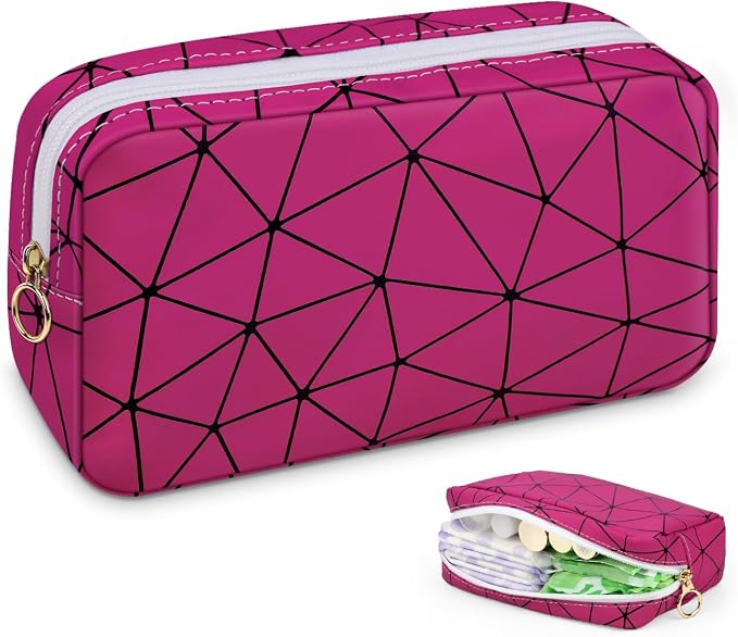 Tampon Holder for Purse Period Bag Waterproof Geometric PU Sanitary Napkin Storage Bag Portable Menstrual Cup Pad Pouch Cute Makeup Bag Feminine Gift Hot Pink