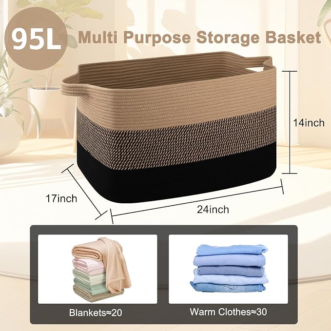 OIAHOMY Extra Large Blanket Basket, 95L Cotton Rope Woven Laundry Basket, Toy Bin for Baby Room, Container for Blanket Storage in Living Room, 24''×17''×14'', Brown & Black
