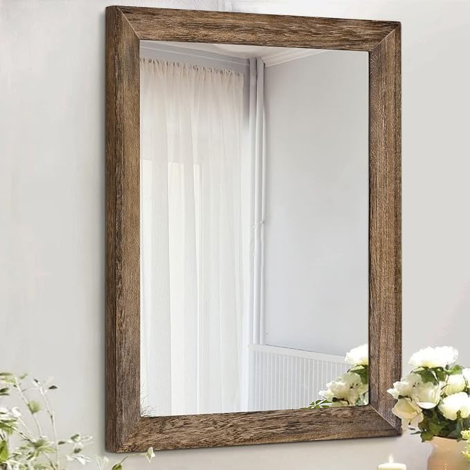 AAZZKANG Rustic Wood Mirror Rectangle Decorative Wall Mirrors with Frame Large 20"x16"for Bedroom Living Room Bathroom Entryway Hanging Brown | Decorative 20"x16" for Bedroom Living Room Bathroom Entryway Hanging Brown