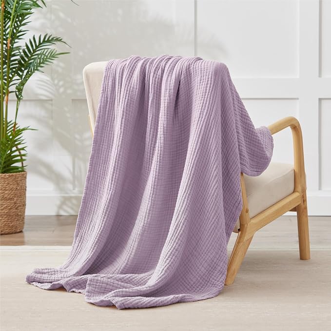 100% Cotton Muslin Blanket Twin XL 66" x 90", Breathable and Cooling Bed Blankets, Soft Boho Coverlet Bedspread, Gauze Bedding for Adults All Season, Purple, Lavender