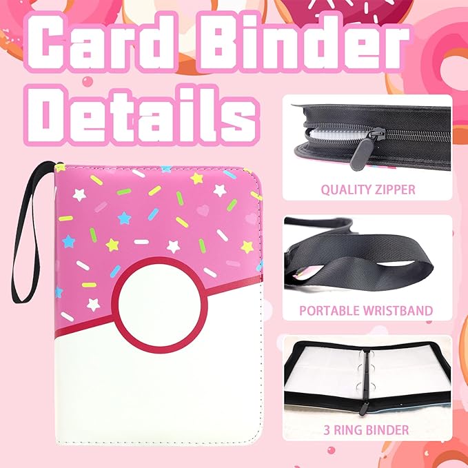 4 Pocket Card Binder 400 Card Holder Album, Pink Donut Trading Cards Holder Zipper Binder for Girl Teen Collection (Pink Donut, 400 Pocket)