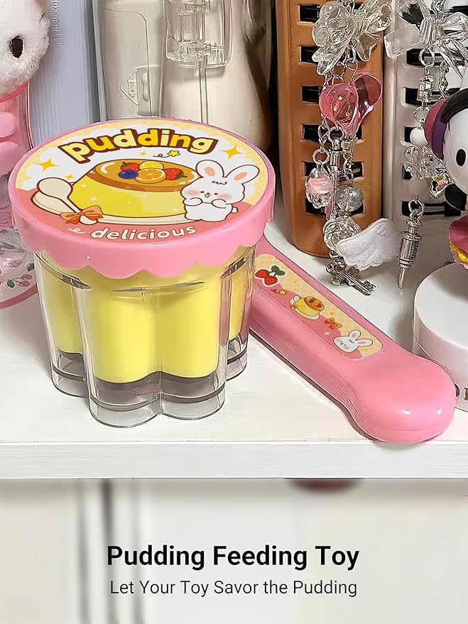 Pretend Play Pudding Feeding Toy for Dolls,Stuffed Animals Figurines,Automatic Feeding Toy with Spoon,Perfect for Doll Role Play Ideal Birthday for 3-6 Year Old Girls