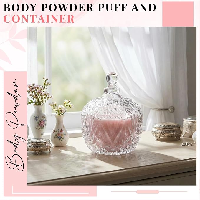 Tioncy 2 Pcs Extra Large Dusting Powder Puff and Container for Women-6'' Glass Crystal Dusting Powder Container with Body Soft Washable Reusable Velour Face(Clear,Crown)