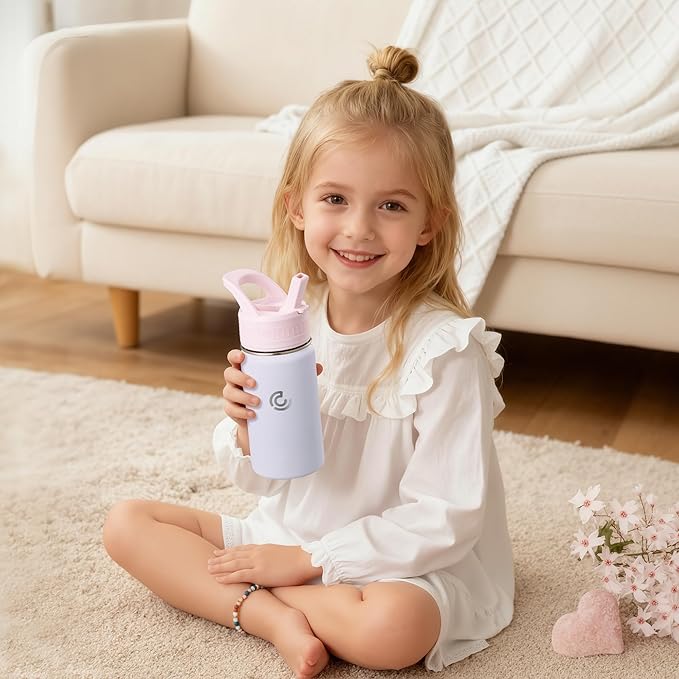 Kids Water Bottle,14oz Stainless Steel Insulated Water Tumbler Leak-Proof,School Water Mug,Small and Portable,Suitable for Boys and Girls to Use(White)