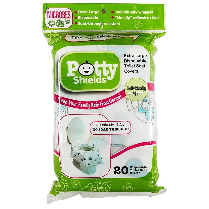 Potty Shields Toilet Seat Covers Disposable (20 Pack) - XL Waterproof Toilet Cover for Toddlers, Kids & Adults - Portable & Individually Wrapped for Travel, Potty Training, Vacations, Public Restrooms