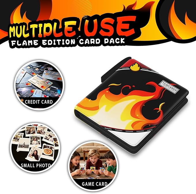 Trading Card Binder 4 Pocket,400 Pocket Card Collection Binder with 50 Removable Sleeves,PU Waterproof Top Card Book,3-Ring Zipper Collectible Trading Card Album for MTG/TCG/Card Holder Gift(Fire）