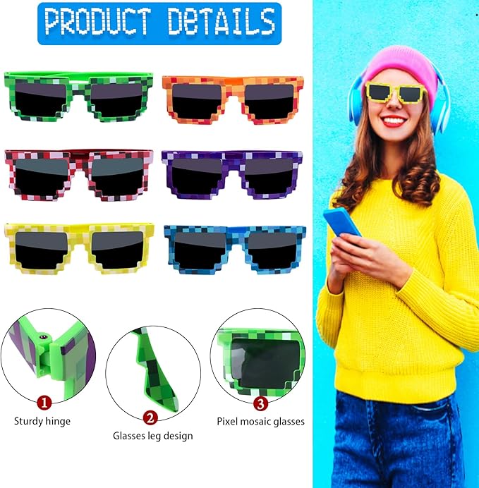 KIMOBER 12 Pack Pixel Sunglasses,6 Colors Pixelated Mosaic Gamer Glasses for Photo Props Party Favors
