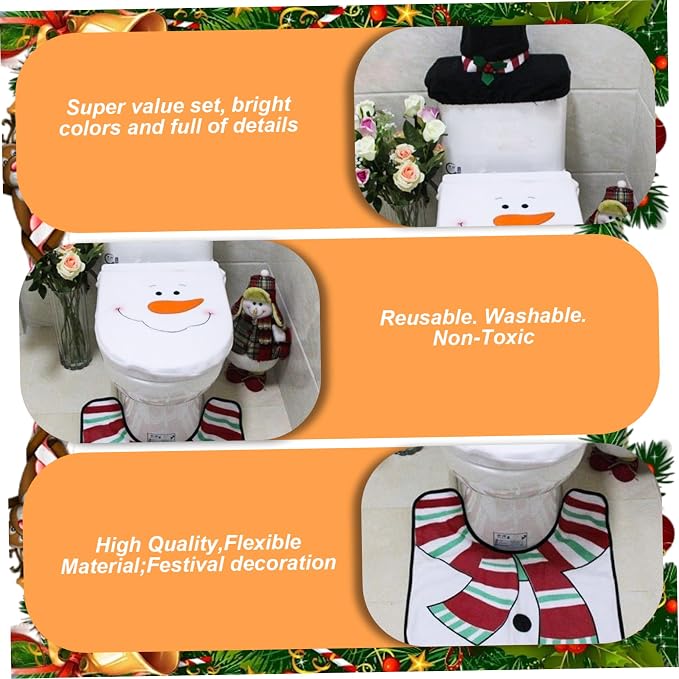 NIDONE Toilet Seat Cover, Christmas Bathroom Sets Includes Xmas Theme Snowman Toilet Seat Cover, Rugs, Tank for Xmas Indoor Decor Party Favors