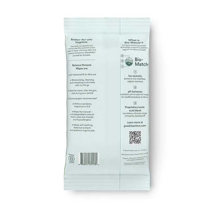 Good Clean Love Balance pH-Balanced Feminine Wipes, Supports Vaginal Health Naturally & Reduces Odor, Non-Irritating Moisturizing & Cleansing Hygiene Product Made with Organic Aloe, (60 Count)