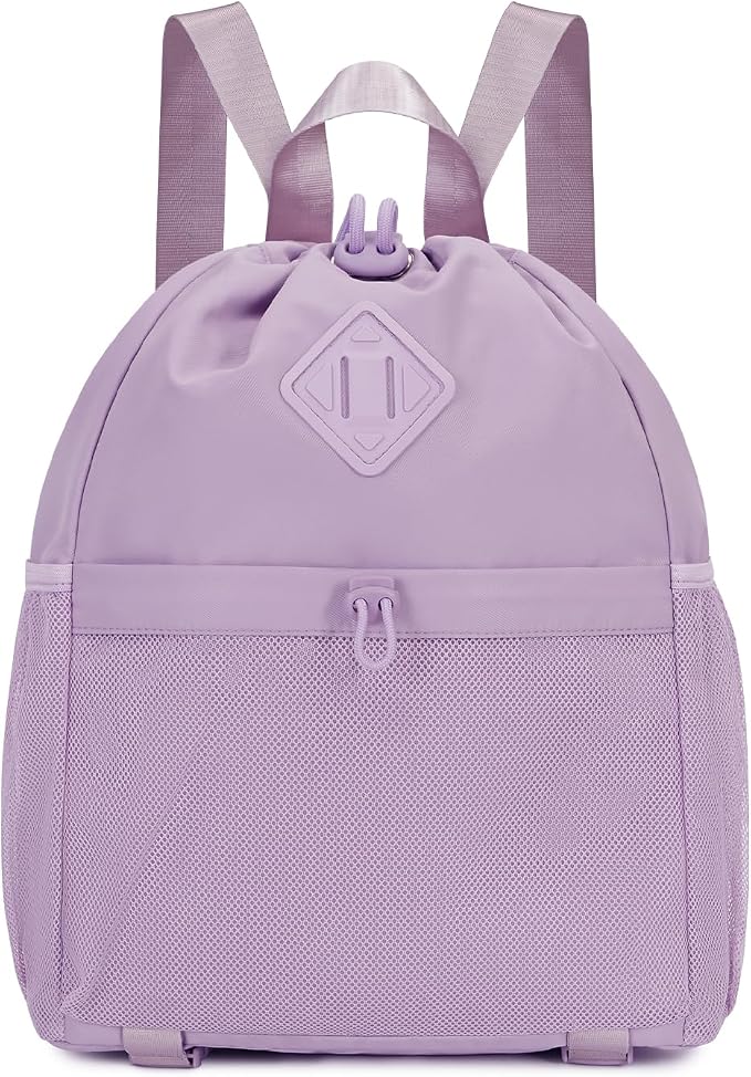 WANDF Drawstring Backpack for Women, Lightweight Gym Bag with Yoga Mat Strap, Water-Resistant String Backpack with Mesh Pocket (Purple, Patent Pending)