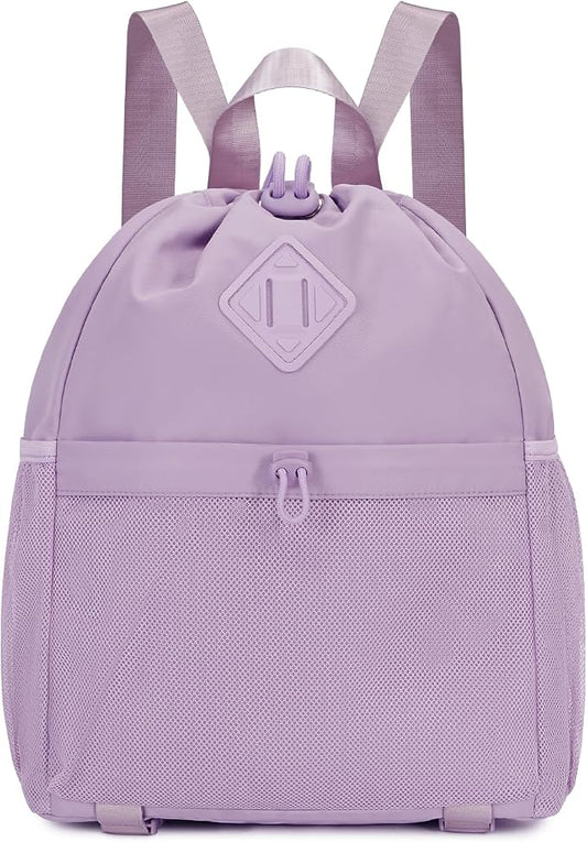 WANDF Drawstring Backpack for Women, Lightweight Gym Bag with Yoga Mat Strap, Water-Resistant String Backpack with Mesh Pocket (Purple, Patent Pending)