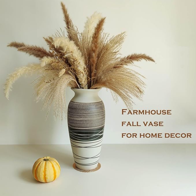 12.6" Tall Vintage Ceramic Rustic Farmhouse Vase (Half Skipcut Brown) | Large Boho Textured Flower Vases for Home Decor, Living Room, Table, Mantel, Shelf