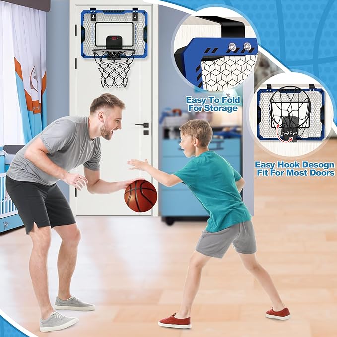 Indoor Basketball Hoop for Kids Age 5-10, with Electronic Scoreboard & 3 Balls - Over The Door Mini Hoop for Boys' Birthday