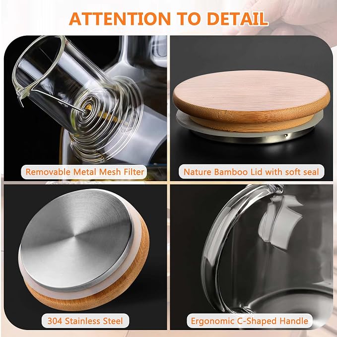 Glass Tea Pot Kettles Stovetop Safe, 33.8oz/1000ml Heatproof Borosilicate Glass Teapot Water Pitcher With Bamboo Lid and Removable Filter Spout for Loose Leaf and Blooming Tea