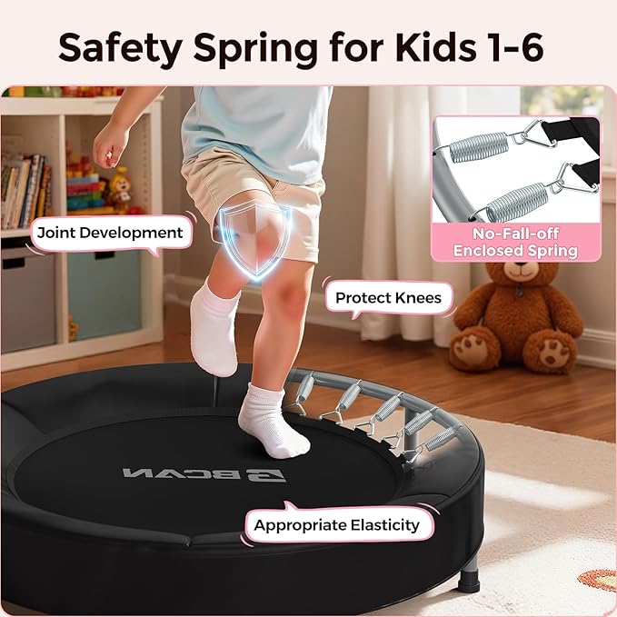 BCAN SP1 36'' Toddler Trampoline, ASTM Certified - Kids Trampoline for Ages 1-6, Foam Handle & Safe Thickened Cover, Mini Trampolines for Kids Indoor, Easy to Assemble| FED Fitness