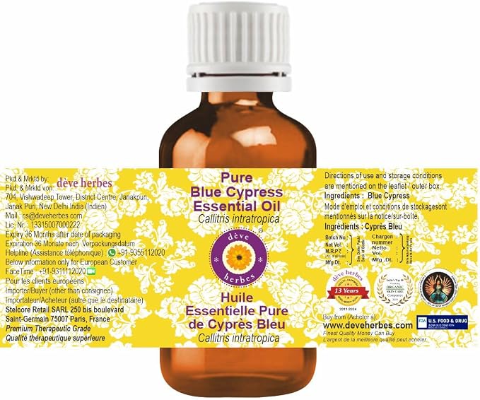 dève herbes Blue Cypress Essential Oil (Callitris intratropica) Pure | Non-Sticky | Non-Greasy | Lightweight | Men & Women | All Skin Types | Steam Distilled 5ml (0.16 oz)