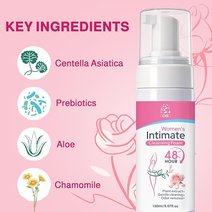 AOAO Intimate Wash for Women, Gentle Sensitive Feminine Wash, ph Balance Cleanser, Herbal Infused Cleansing Foam, Probiotic Enriched, Self-Foaming Pump, Sulfate-Free, 5 Fl Oz