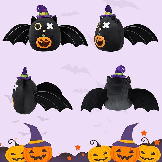 Halloween Black Bat Plush Pillow Toy, 10-inch Super Soft Cute Bat with Big Wings and Pumpkin Stuffed Animals for Kids Adult