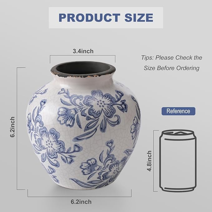 Ceramic Flower Vase Home Decor, 6.2 inch Farmhouse Rustic Vintage Decorative Vases, Pottery Terracotta Boho Flowers Vases for Dining Table, Living Room, Shelf, Kitchen, Bedroom (6.2"-Blue and White)