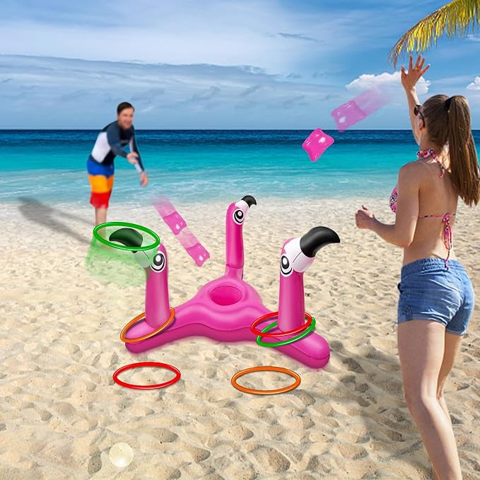 [ Bean Bag & Ring Toss ] Inflatable Flamingo Pool Toys Games Set 2-in-1 Floating Pool Rings Toss & Cornhole Summer Swimming Hawaii Luau Party Water Game for Adults Beach Backyard