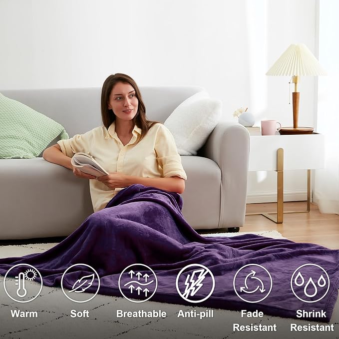 Hansleep Queen Purple Fleece Blanket, Soft Flannel Bed Blanket | Fuzzy Cozy Blanket 90x90 Inches, Multi-use for Bed, Sofa, Couch, Travel, Camping, All Season Warm Lightweight Cover