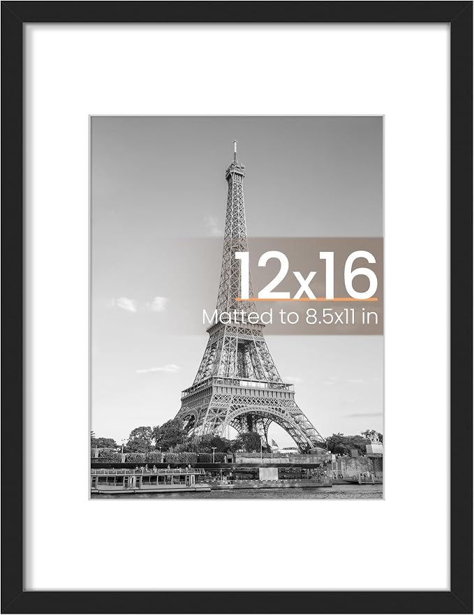 upsimples 12x16 Picture Frame, Display Pictures 8.5x11 with Mat or 12 x 16 Without, Wall Hanging Photo Frame, Black, 1 Pack