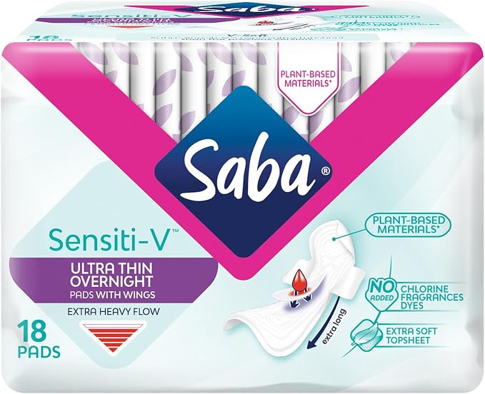 SABA Sensiti-V Ultrathin Overnight Pads with Wings, Heavy Flow Protection, 2-Pack of 18 Pads (36 Count)