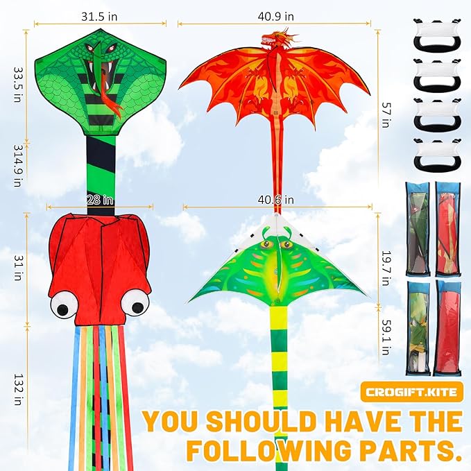 4 Pack Kites - Large Fire Dragon Kite Green Snake Devil Fish Red Mollusc Octopus with Long Colorful Tail for Kids Adults Beach Toy Gifts Outdoor Game Activities
