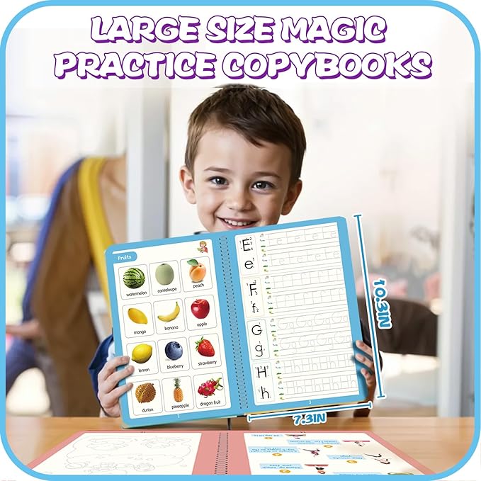 Upgraded Large Size Magic Practice Writing Copybook, Reusable for Kids, Reusable Copybook Preschool for Kids Age 3-8 Calligraphy(4 Books with Pens)-Blue Bag
