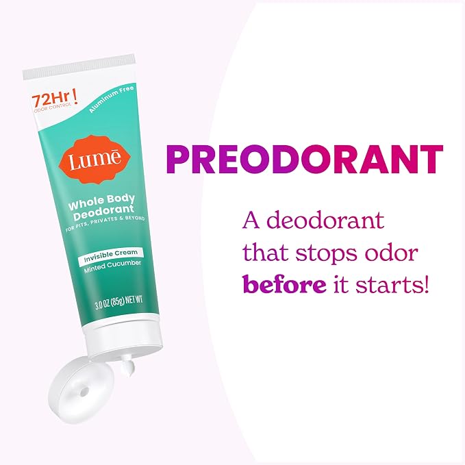 Lume Whole Body Deodorant - Invisible Cream Tube - 72 Hour Odor Control - Aluminum Free, Baking Soda Free, Skin Safe - 3.0 ounce (Pack of 2) (Minted Cucumber)