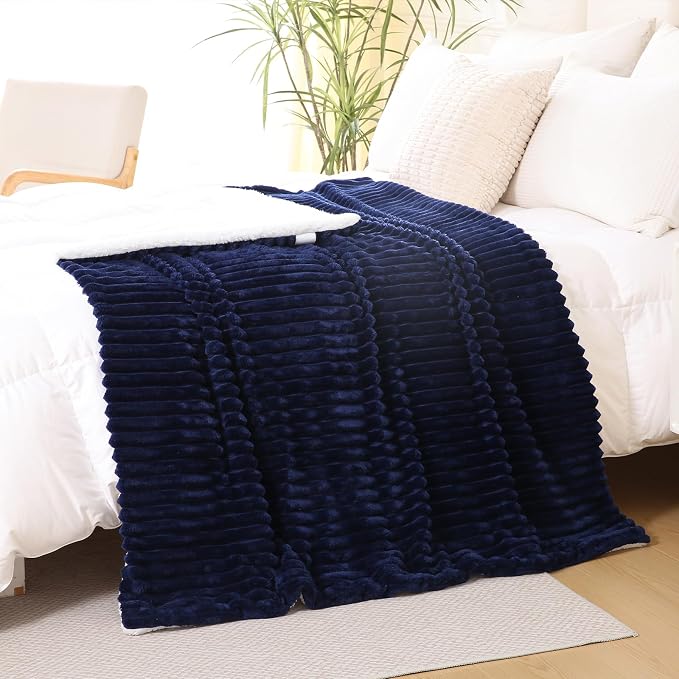 Navy Blue Sherpa Fleece Throw Blanket 108”×90”for Couch Sofa | Double Side Soft Fuzzy Cozy Plush Thick Flannel Blanket with Striped Design Gift for Adults,Woman