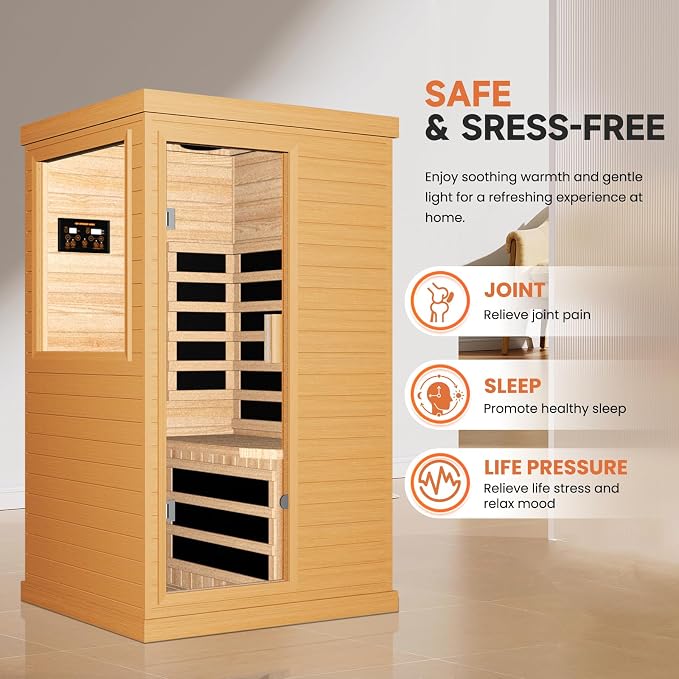 OUTEXER Far Infrared Sauna Home Sauna Spa Room Canadian Hemlock Wood 1200W Indoor Saunas Low EMF 110V with 7 Color Light and Tempered Glass Door, Room: 35.2 * 27.6 * 61.6Inch