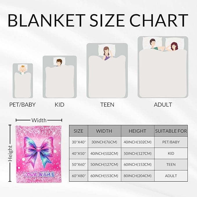Custom Bow Blanket for Girls - 30 x 40 Inches Lap Size - Soft Fuzzy Plush Throws Decor Gift - Pink Cute Throw Blankets Stuff for Crib, Office