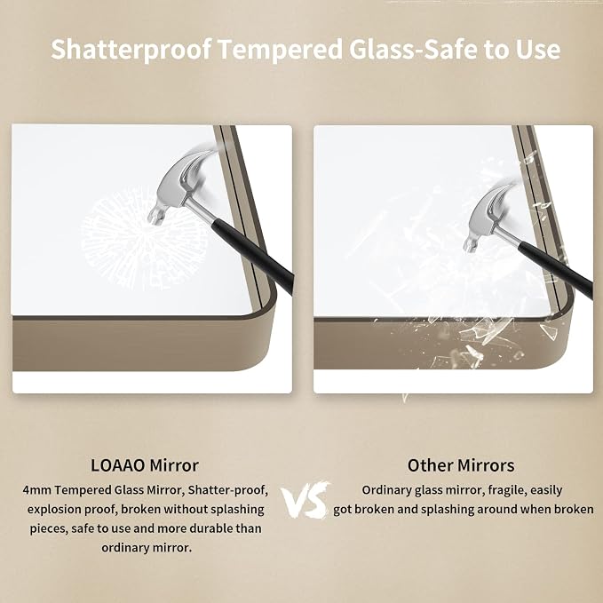 LOAAO 60"X30" Bronze Bathroom Mirror | Rounded Rectangle, Brushed Bronze Metal Frame, Anti-Rust, Tempered Glass, Hangs Horizontally or Vertically