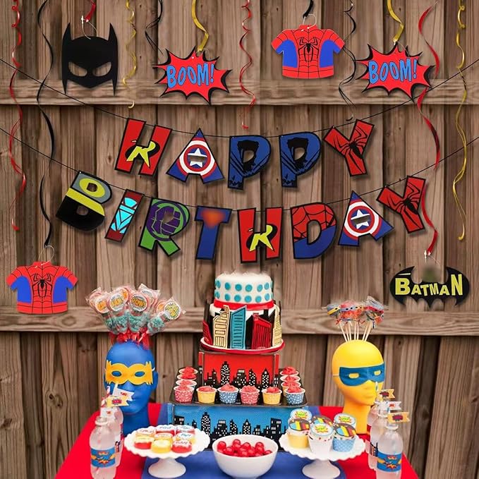 LINGTEER Superhero Decorations Set - Happy Birthday Bunting Banner Superhero Hanging Swirls Streamers Action Sign Perfect for Kids Birthday Party Decorations.