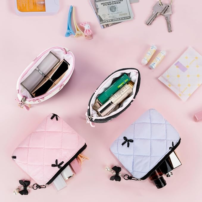 Mini Makeup Bag, Small Bow Tie Cosmetic Bag for Purse with Keychain, Portable XS Travel Makeup Pouch for Daily Use (Pink-Black Bow Tie)