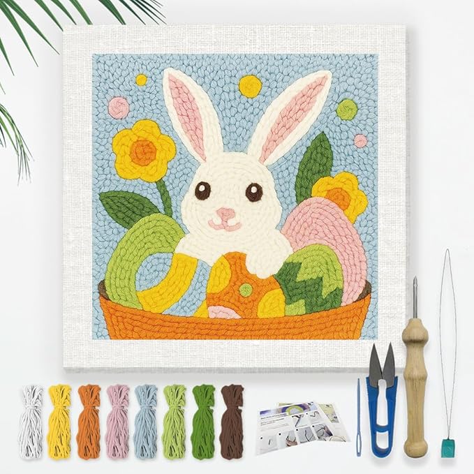Doodlream Easter Rabbit Eggs DIY Punch Needle Embroidery Kit for Adult Beginner, 9.4" Cute Bunny Animal Punch Stitching Craft Set for Starter with Frame,Fabric Pattern,Threader, Yarn, Pinch Needle