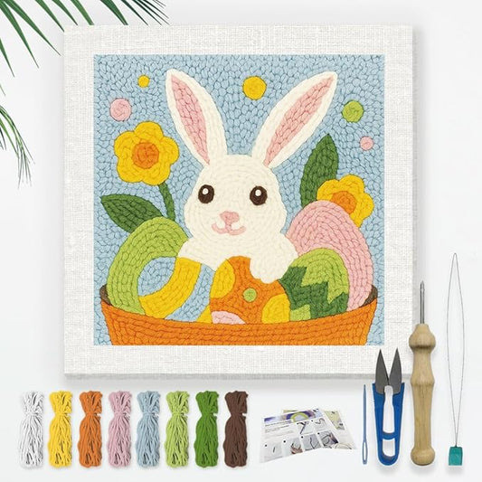 Doodlream Easter Rabbit Eggs DIY Punch Needle Embroidery Kit for Adult Beginner, 9.4" Cute Bunny Animal Punch Stitching Craft Set for Starter with Frame,Fabric Pattern,Threader, Yarn, Pinch Needle