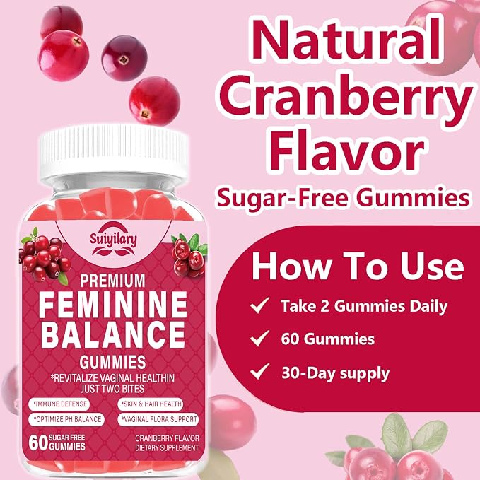 Suiyilary Feminine Probiotics Gummies, Vaginal Health & Women's pH Balance Gummy Supplement with Cranberry Pineapple Powder, Sugar Free Vegan, 60 Count (Cranberry)