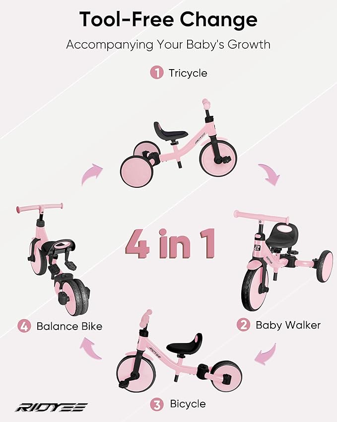 4-in-1 Toddler Tricycle for Ages 18 Months to 3 Years, Tool-Free Mode Switch, Tricycle for Toddlers 1.5-3 with One-Click Height Adjustment, Kids Trike and Balance Bike for 2 Years, Pink