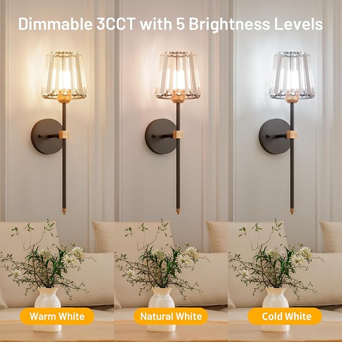 Crystal Battery Operated Wall Sconces Set of 2, Black and Gold Rechargeable Wireless Wall Lights with Crystal Lampshade, 12 RGB and 3CCT Dimmable Wall Lamps with Remote for Bedroom Living Room Hallway