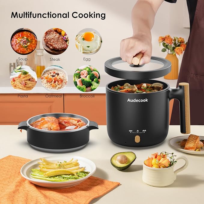 Audecook Hot Pot Electric with Steamer, 1.8L Portable Mini Travel Cooker, Multifunctional Non-Stick Electric Skillet for Stir Fry/Stew/Steam, Perfect for Ramen Noodles/Pasta/Egg/Soup/Oatmeal(Black)
