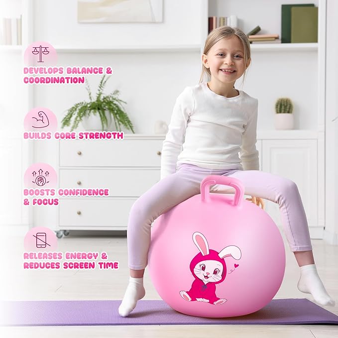 PlayZap Hopper Balls for Kids 3-8, 18 Inches Bouncy Ball with Handle, 18" Inflatable Bouncing Hopper, Pink Rabbit Jumping Toys, Garden Hopping Toys Girls Boys Gifts