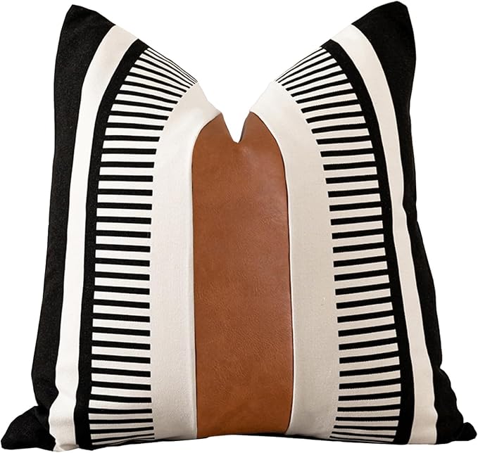 Farmhouse Throw Pillow Covers for Couch Sofa Decorative Faux Leather Square Cushion Cover Tribal Stripe Accent Pillow Case 20 x 20 Inch, Black
