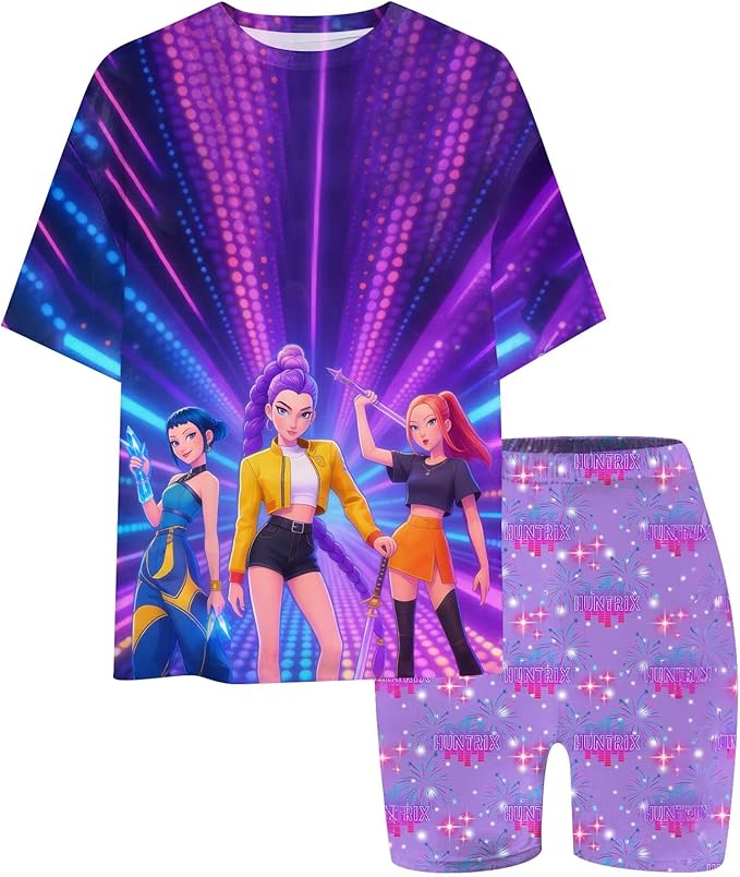 K-POP DEM0N Hunters Outfits for Girls, 2 Piece T-Shirts and Apparel Sets Birthday Gift