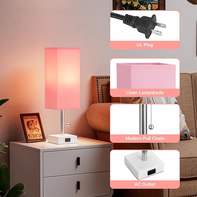 Fenmzee Pink Bedside Table Lamps for Bedroom - Small Nightstand Lamp Set of 2 with AC Outlet Charging Port, Cute Desk Lamp for Teens Room Decor, Dorm Room Essentials