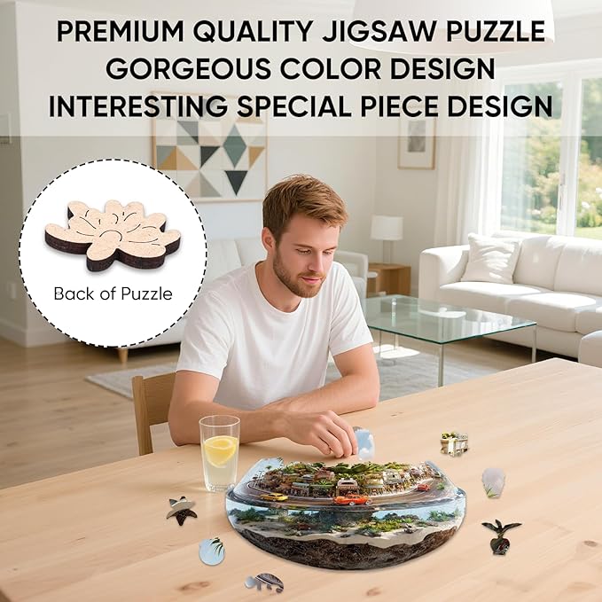 Ixfyloop Succulent Wooden Puzzles for Adults, City Street Jigsaw Puzzle 422 Pieces, Plant Unique Shape for Teens, Family Brain Game 16.1x15.3 inch