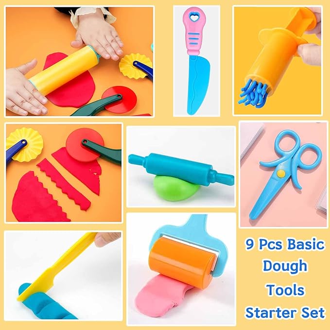 Dough Tool Kit,9 Pcs Basic Clay and Dough Tools Starter Set for Kids Includes Cutters Roller, Rolling Pins, Safety Scissors,Dough Extruder,Plastic Knife
