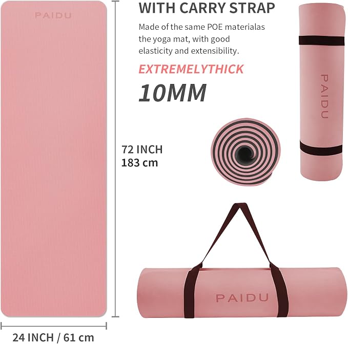 PAIDU Yoga Mat Non Slip Anti-tear,extra thick-2/5 inch（10MM）High Resiliency Professional POE Yoga Mats for Women Men Kids,72"x24"inch,Workout, Yoga, Pilates and Floor Exercise, with Carrier Strap